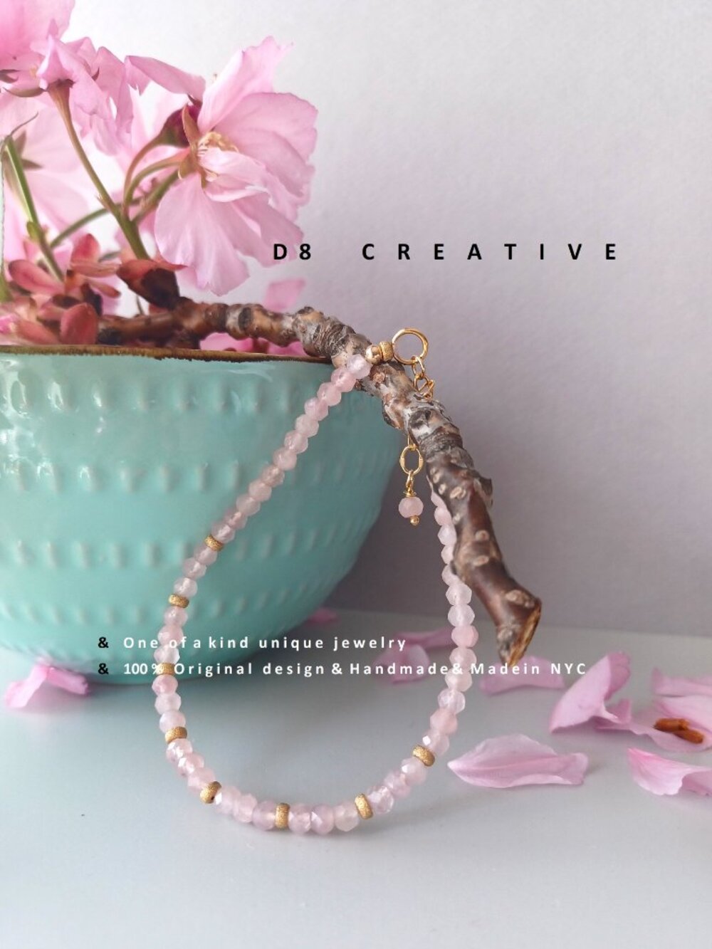New 14 k gold filled with cube cut rose quartz handmade bracelet